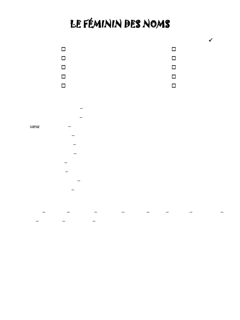 Le F minin Des Noms Exercices Pratiques PDF Ouverture checs 