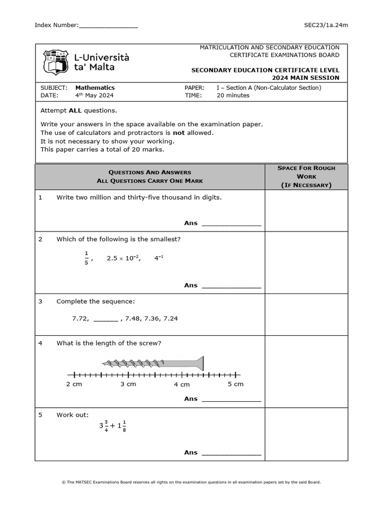 2024 SEC Mathematics Exam Papers | PDF | Cakes | Area