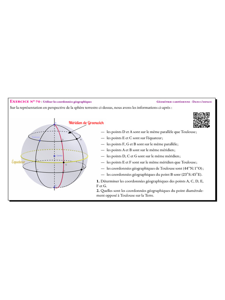 Coordonnées géographiques : exercice 70 | PDF | Longitude
