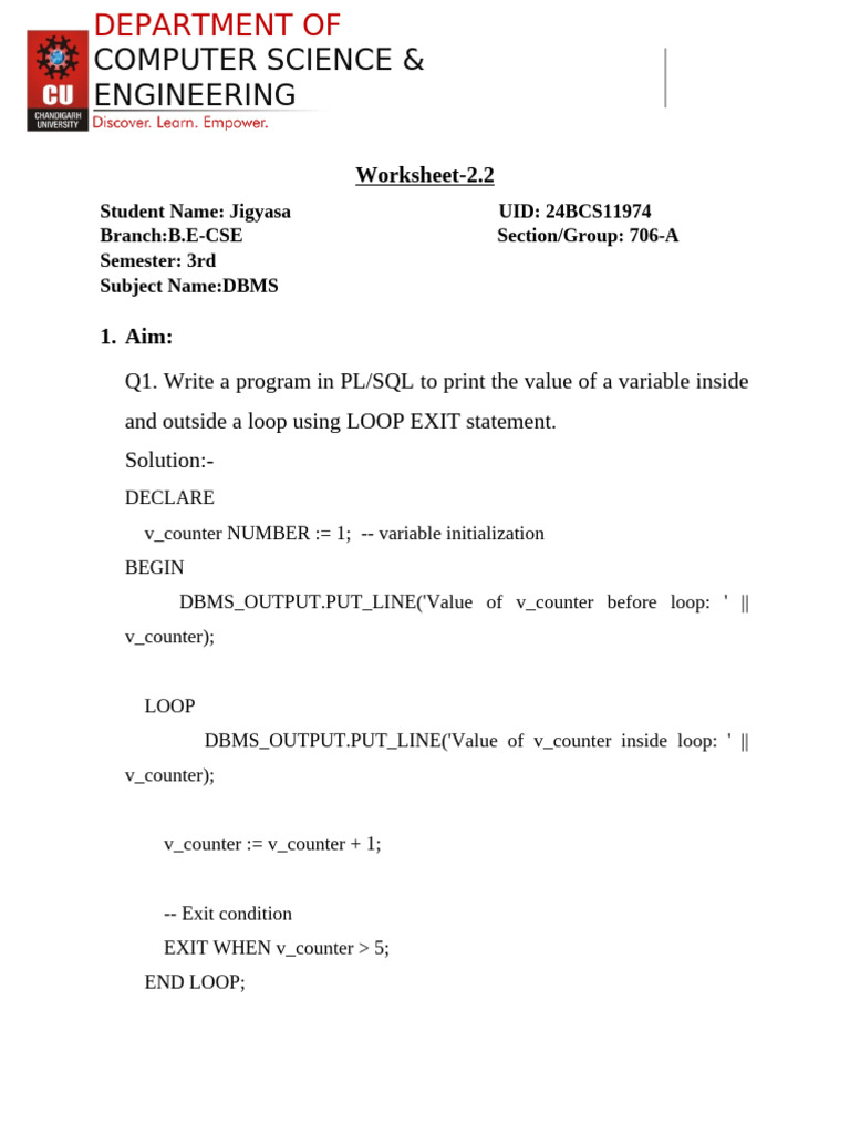 Worksheet 2.2 (DBMS) - 24BCS11974 | PDF | Control Flow | Programming ...