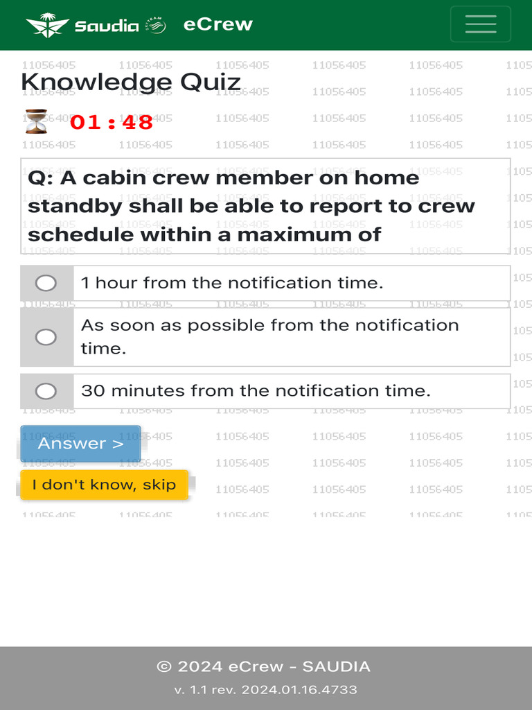 Cabin Crew Home Standby Quiz | PDF