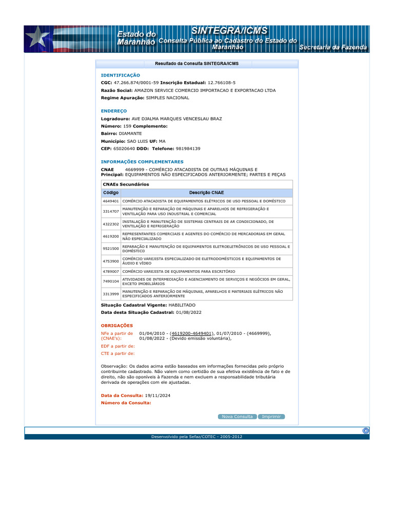 Consulta SINTEGRA ICMS: AMAZON SERVICE | PDF