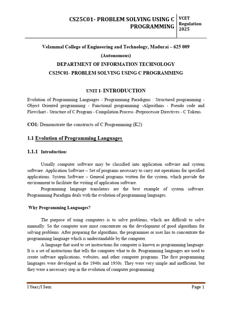 CS25C01 Unit 1&2 Notes | PDF | Computer Programming | Programming