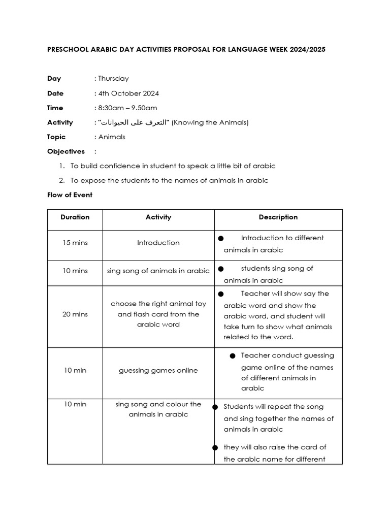Preschool Arabic Language Week Activities | PDF | Linguistics