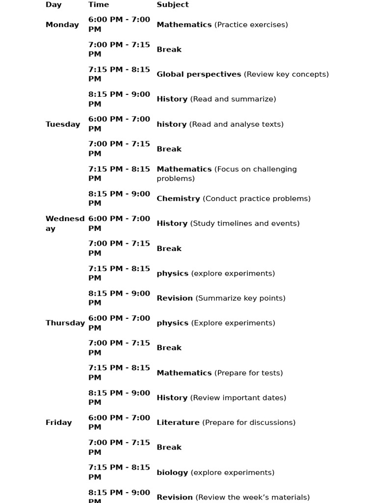 Weekly Study Schedule Overview | PDF