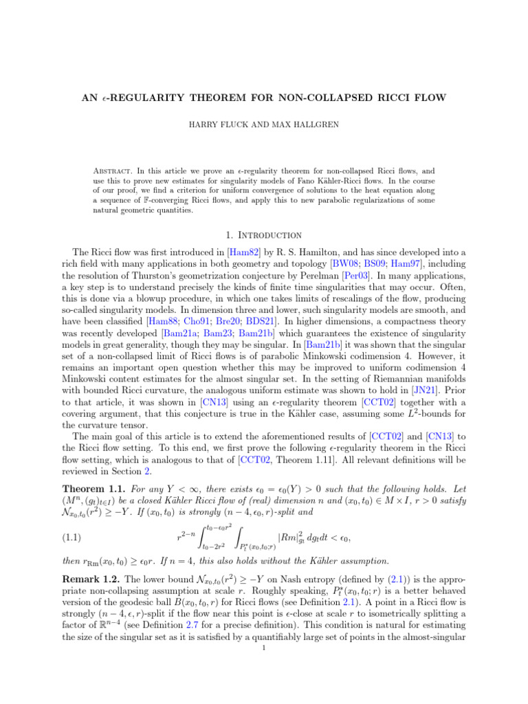 ε-Regularity Theorem for Ricci Flow | PDF | Manifold | Geometry