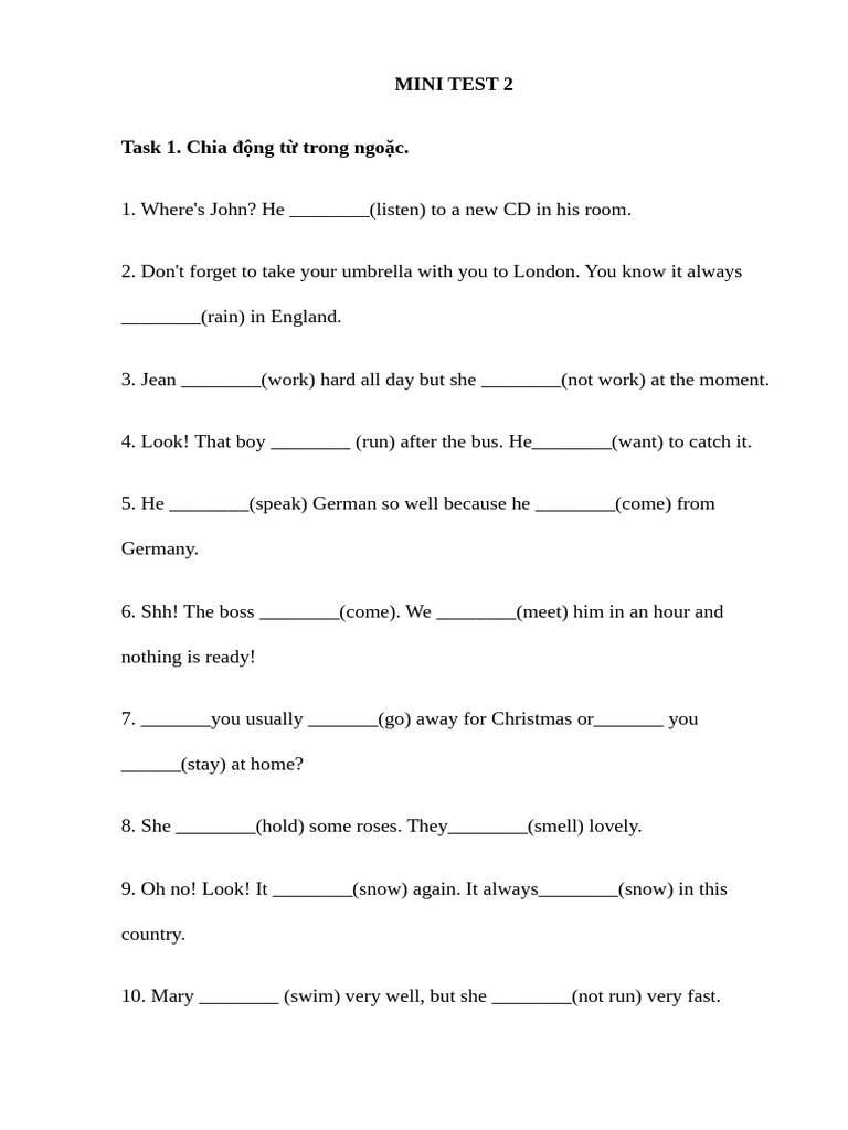 Mini Test on Verb Tenses | PDF