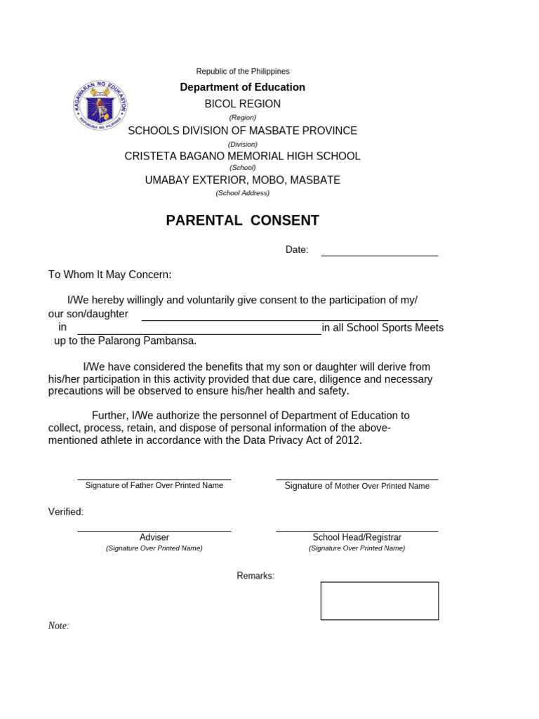 Parental Consent for School Sports Participation | PDF