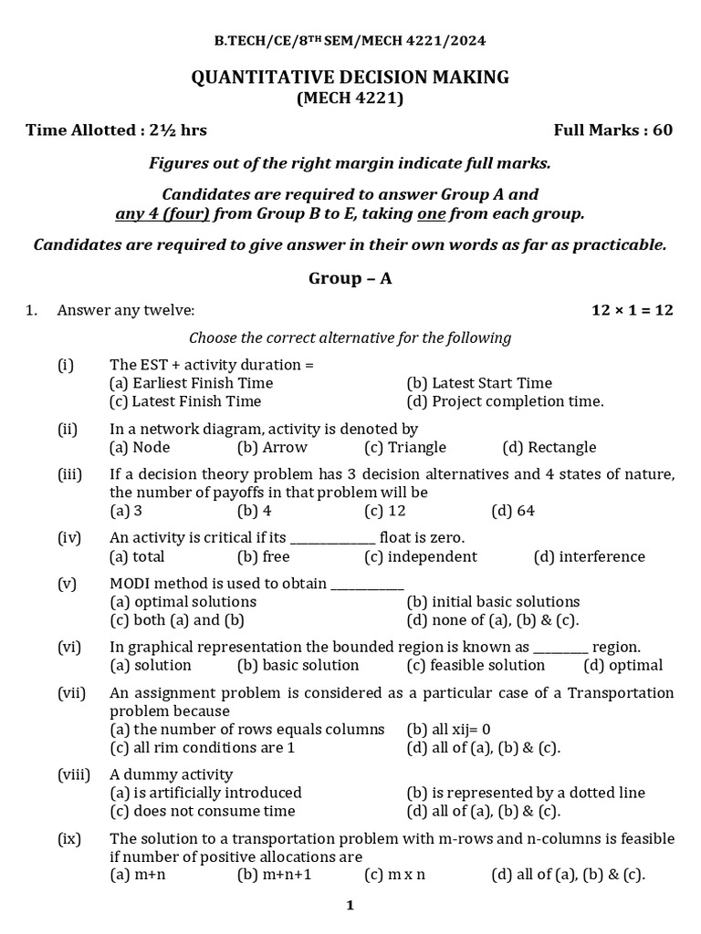 Quantitative Decision Making Exam 2024 | PDF | Mathematical Analysis ...