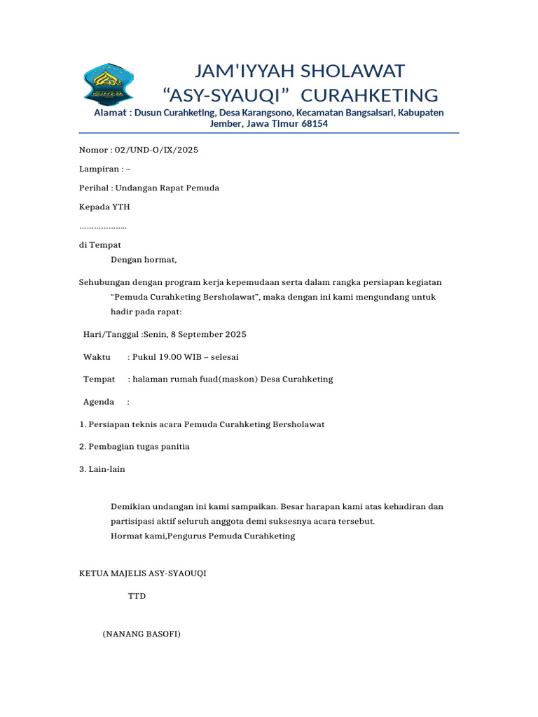 Undangan Rapat Pemuda Curahketing | PDF