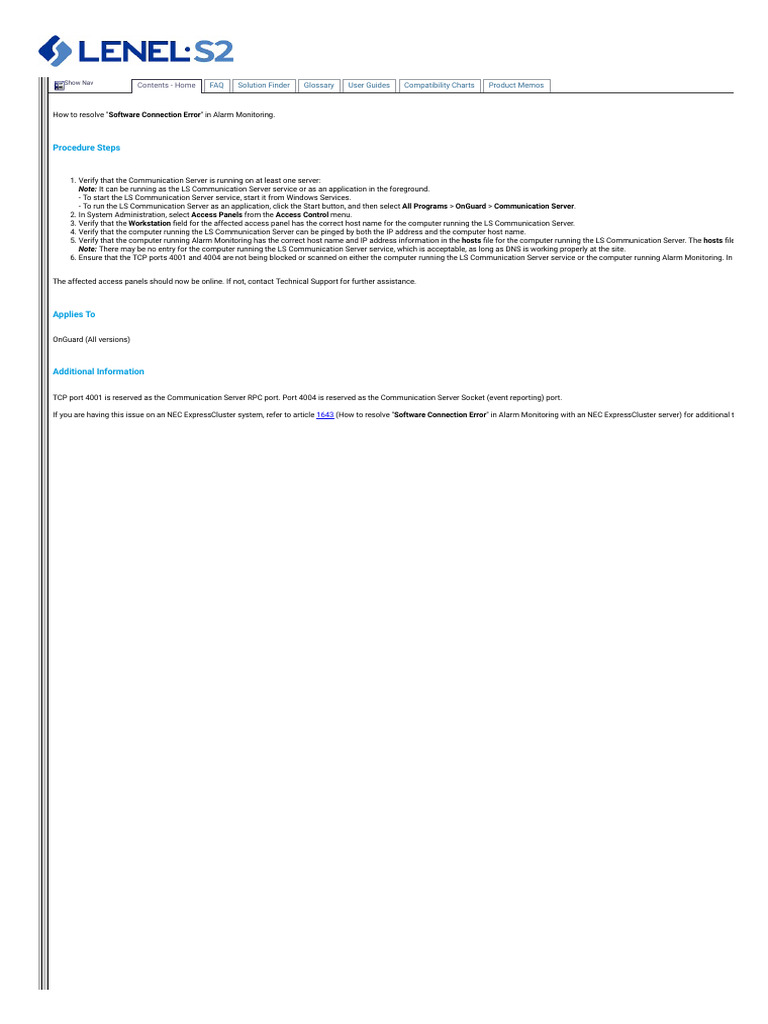 Resolving Lenel Software Connection Error | PDF