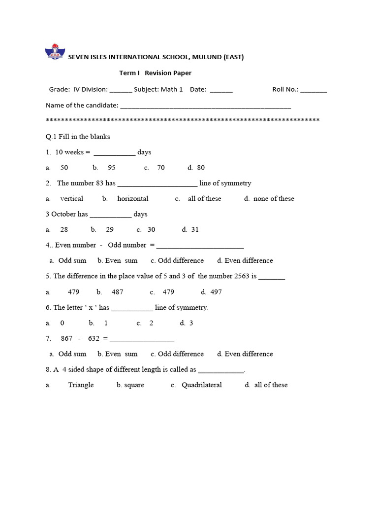 Math - 1-Revision Paper Term 1 - Grade 4-2025 | PDF | Euclidean Plane ...