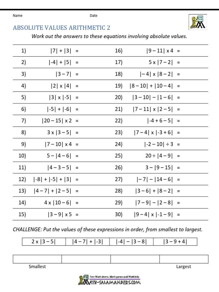 Absolute Values Arithmetic Practice | PDF | Number Theory ...