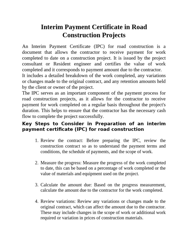 Interim Payment Certificate in Road Construction | PDF