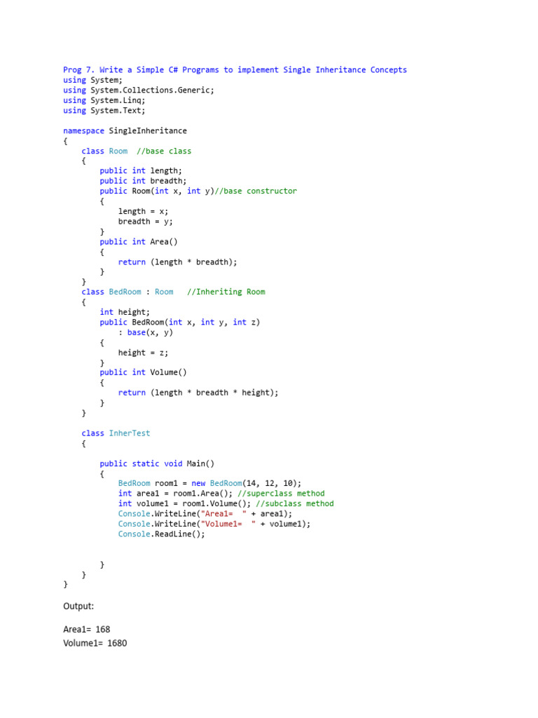 C# Single Inheritance Example Code | PDF