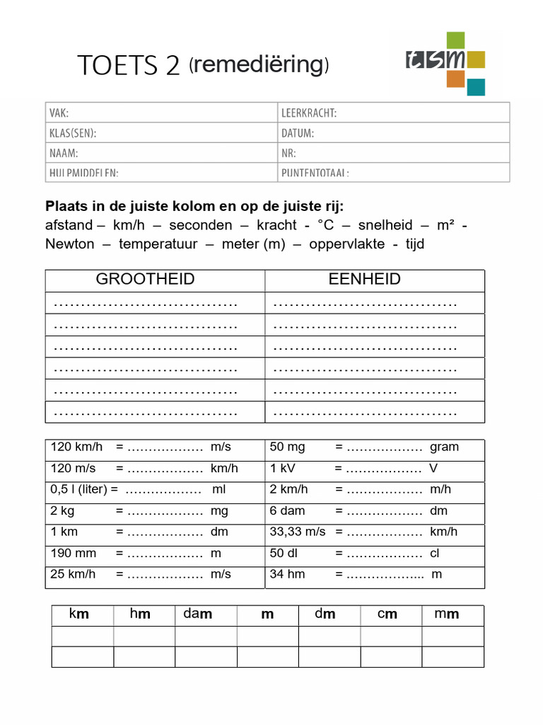 Toets 2 Grootheden en Eenheden | PDF