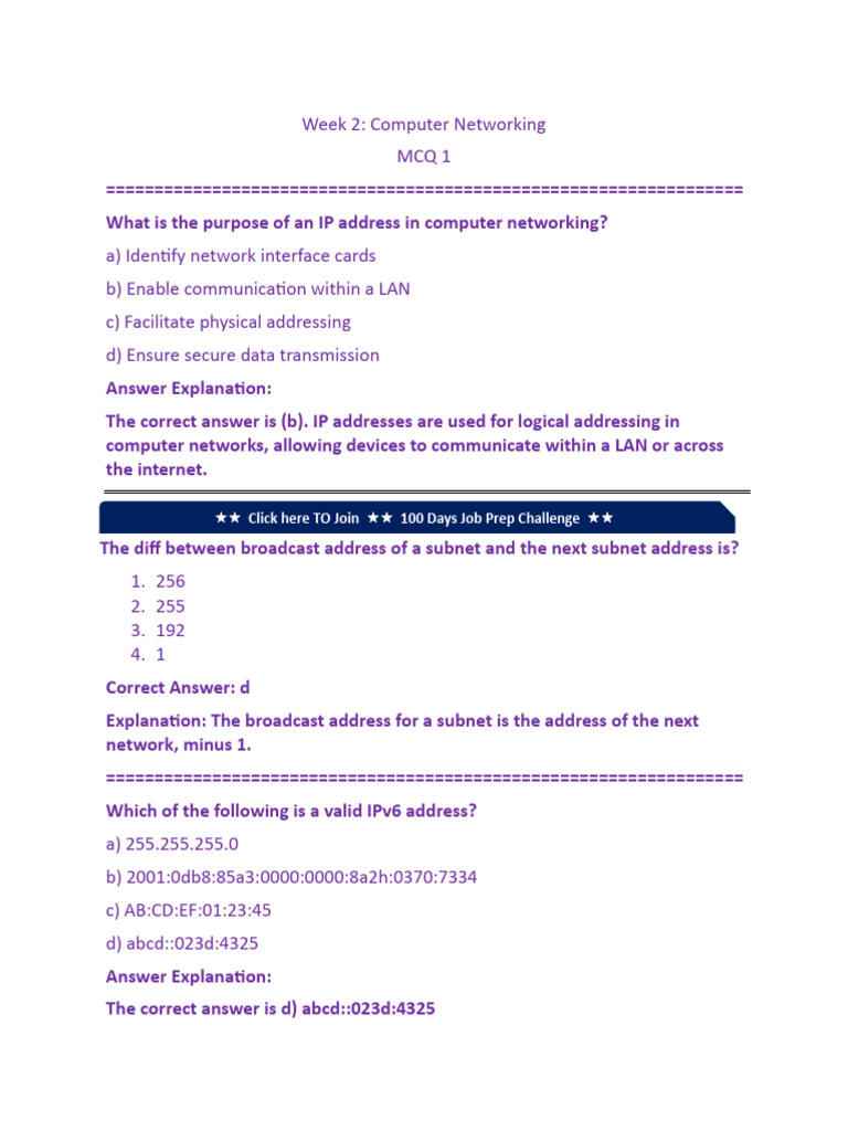 Computer Networking MCQs and Answers | PDF | Computer Network | Ip Address