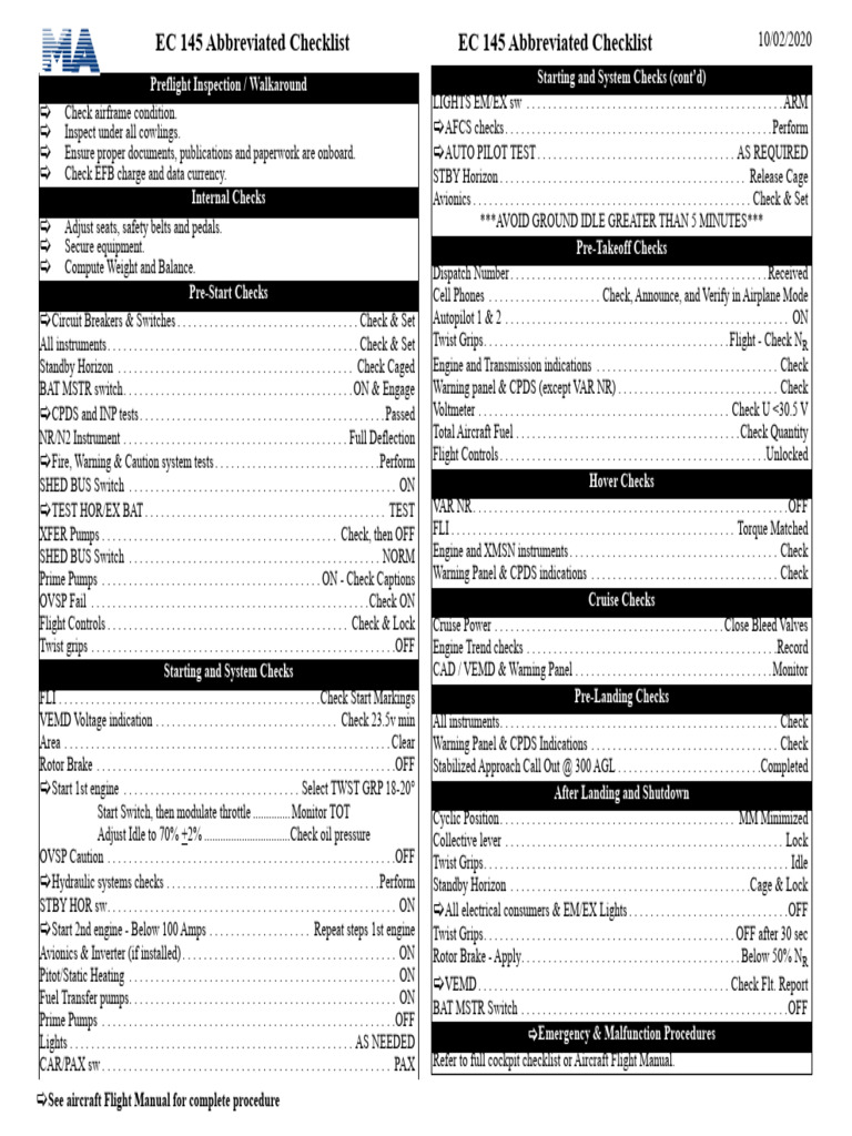 EC 145 Preflight Inspection Checklist | PDF | Transport Accidents And ...