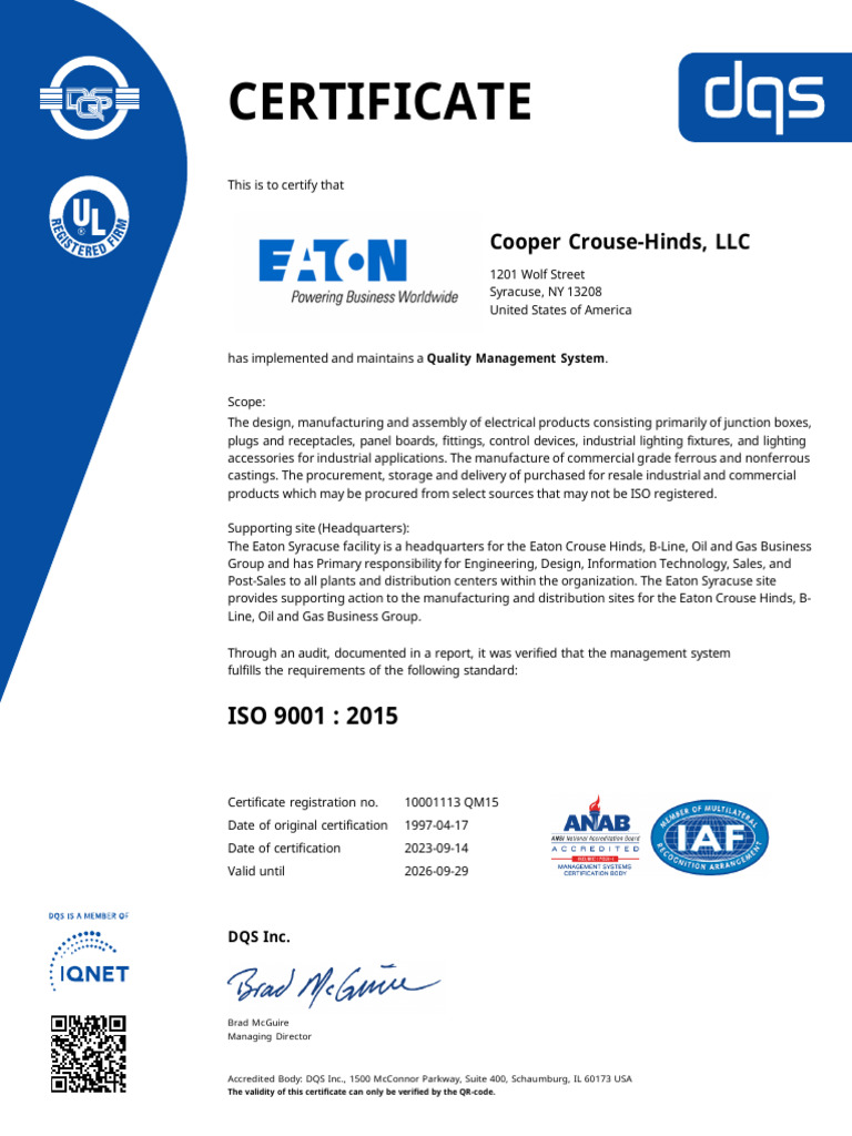 ISO 9001:2015 Certification for Cooper Crouse-Hinds | PDF