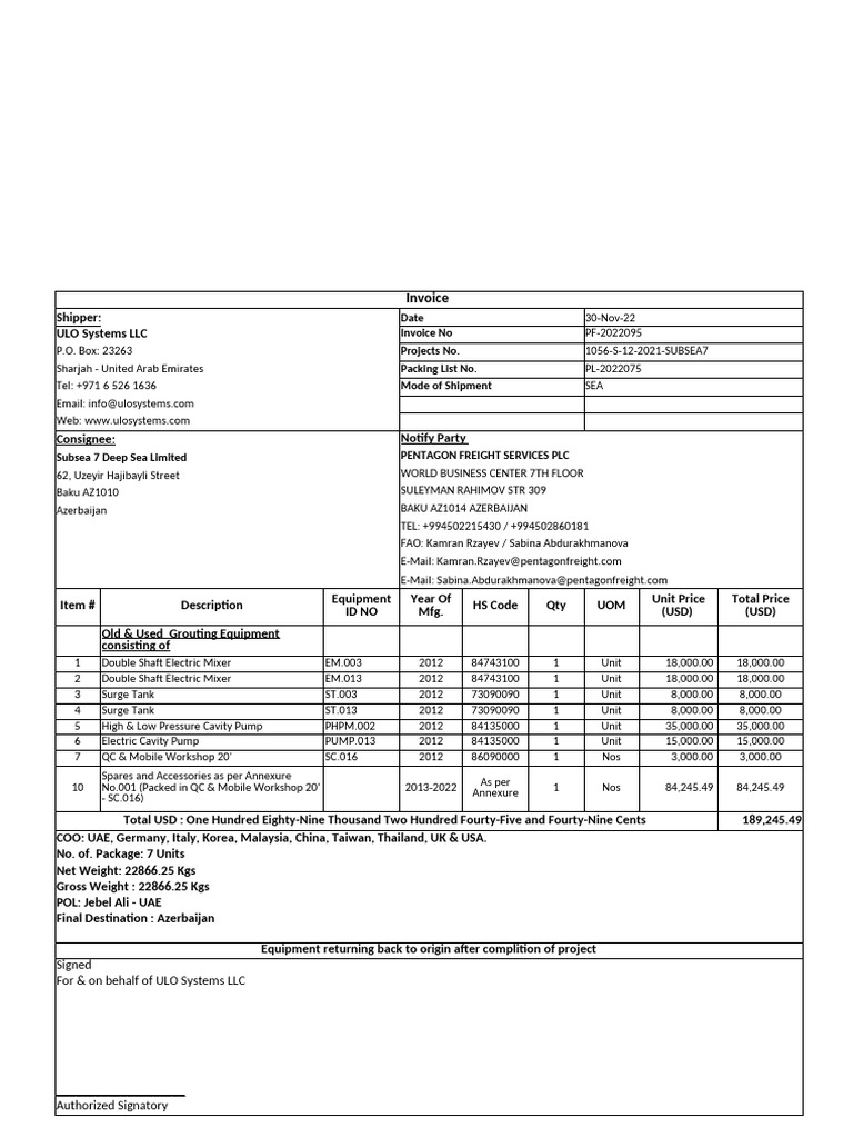 Invoice for Equipment and Spares Shipment | PDF | Equipment ...
