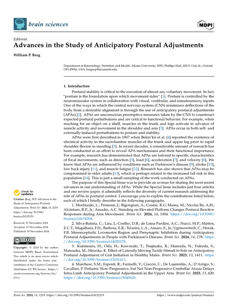 Advances in The Study of Anticipatory Postural Adjustments | PDF ...