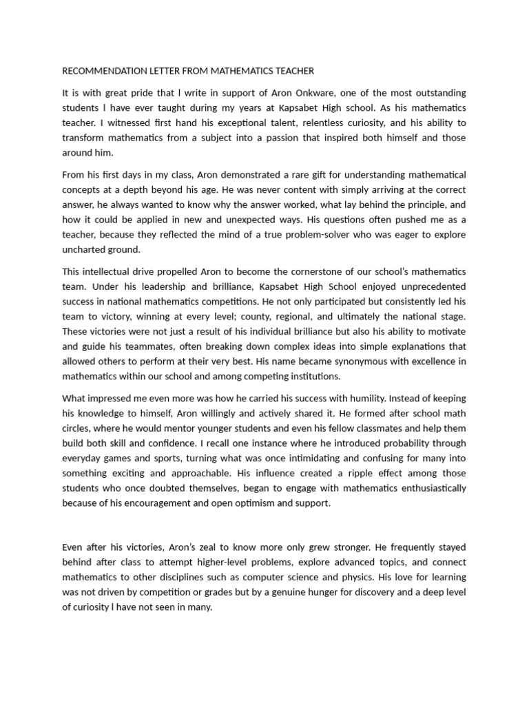 Recommendation for Math Tutor Aron Onkware | PDF | Mathematics | Knowledge