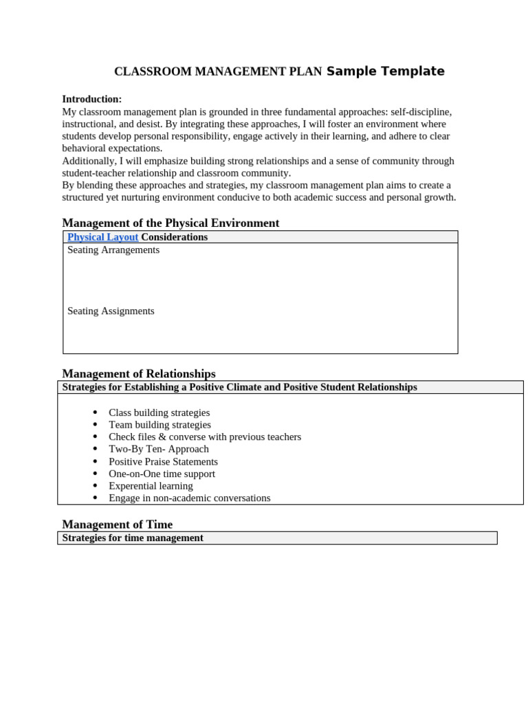 Classroom Management Plan Overview | PDF | Classroom Management ...