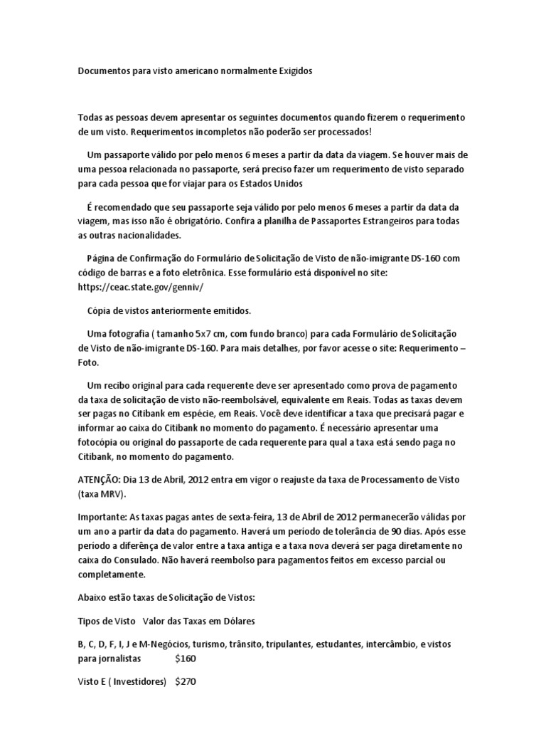 Documentos para Visto Americano PDF Passaporte Os Estados Unidos
