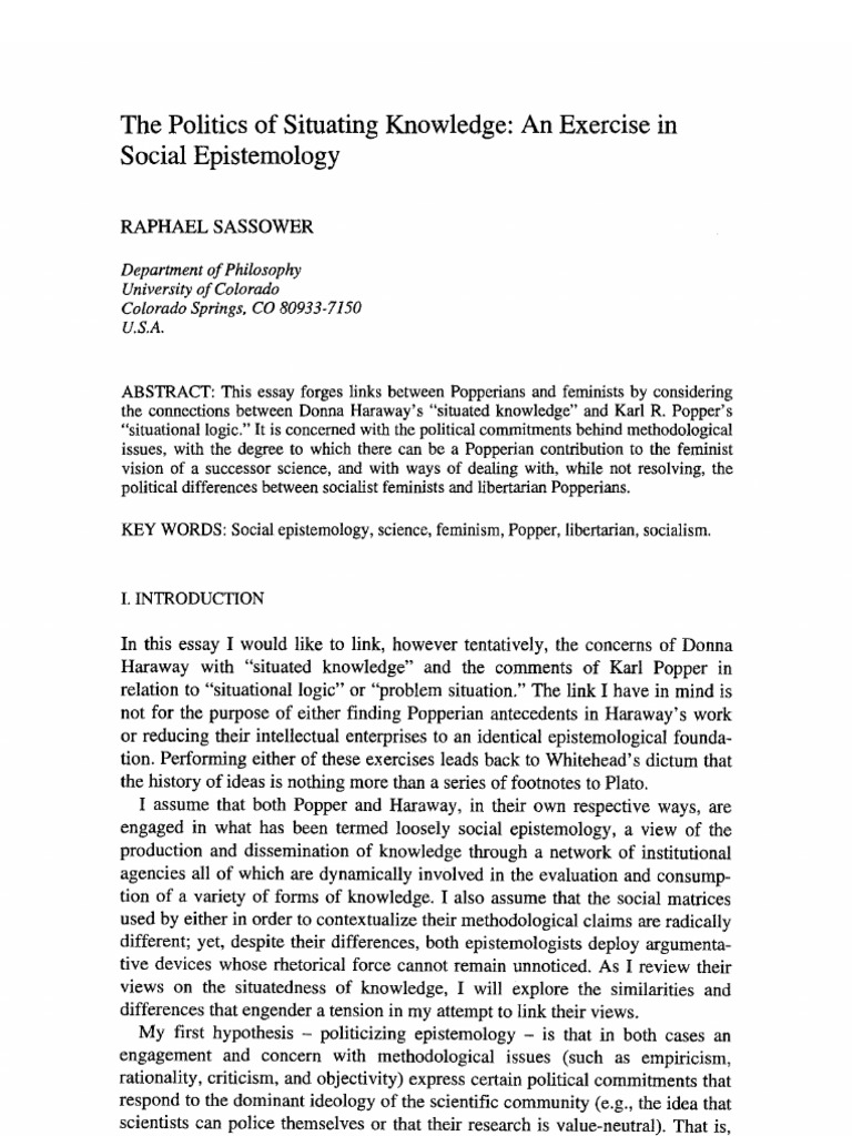 (Social Epistemology The Politics of Situating Knowledge - An Exercise ...