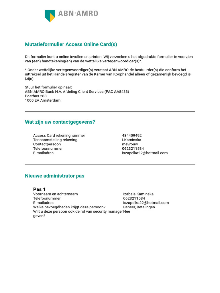 Mutatieformulier Access Online Access Card | PDF