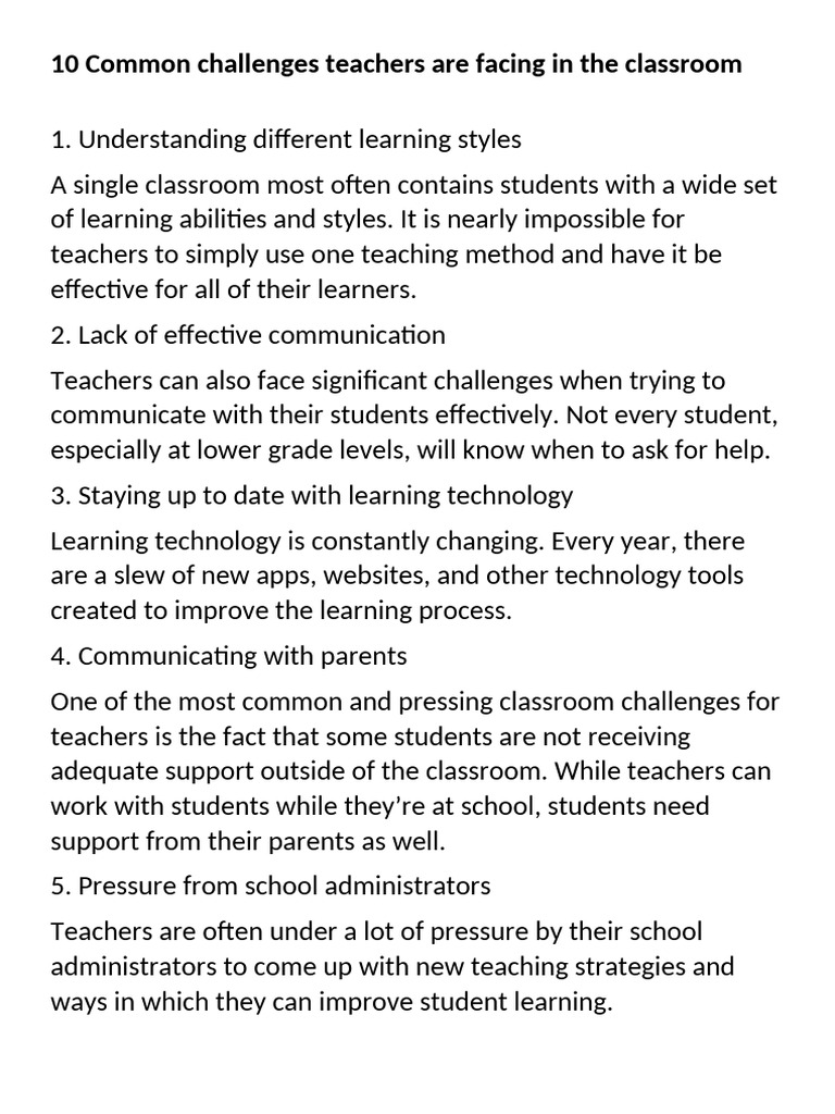 10 Common Challenges Teachers Are Facing in The Classroom | PDF