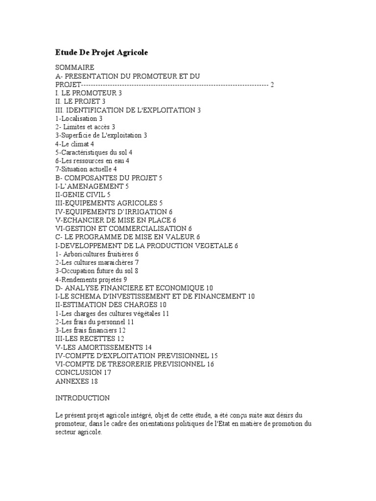 Etude de Projet Agricole  Agriculture  Économie