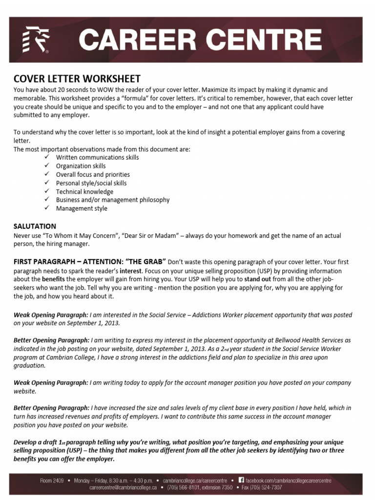 Cover Letter Worksheet - Career Centre | PDF | Employment | Résumé