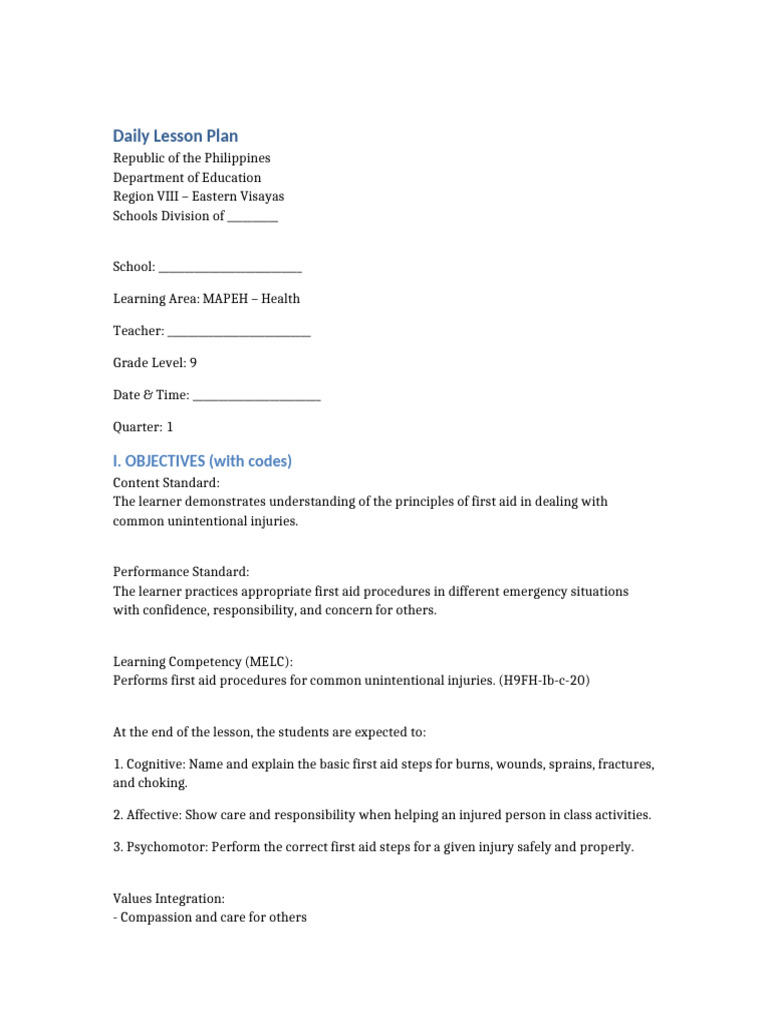 First Aid Lesson Plan for Grade 9 | PDF | First Aid | Learning