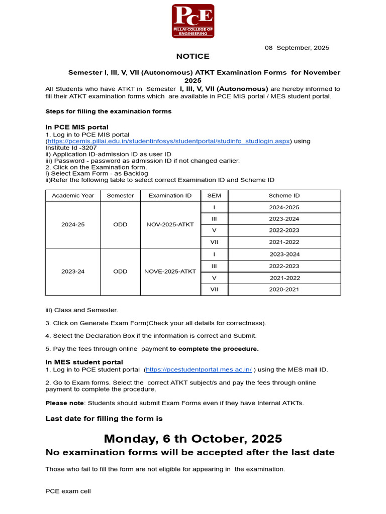 Notice For SEM I III V VII Autonomous ATKT Examination Forms Nov 2025 | PDF