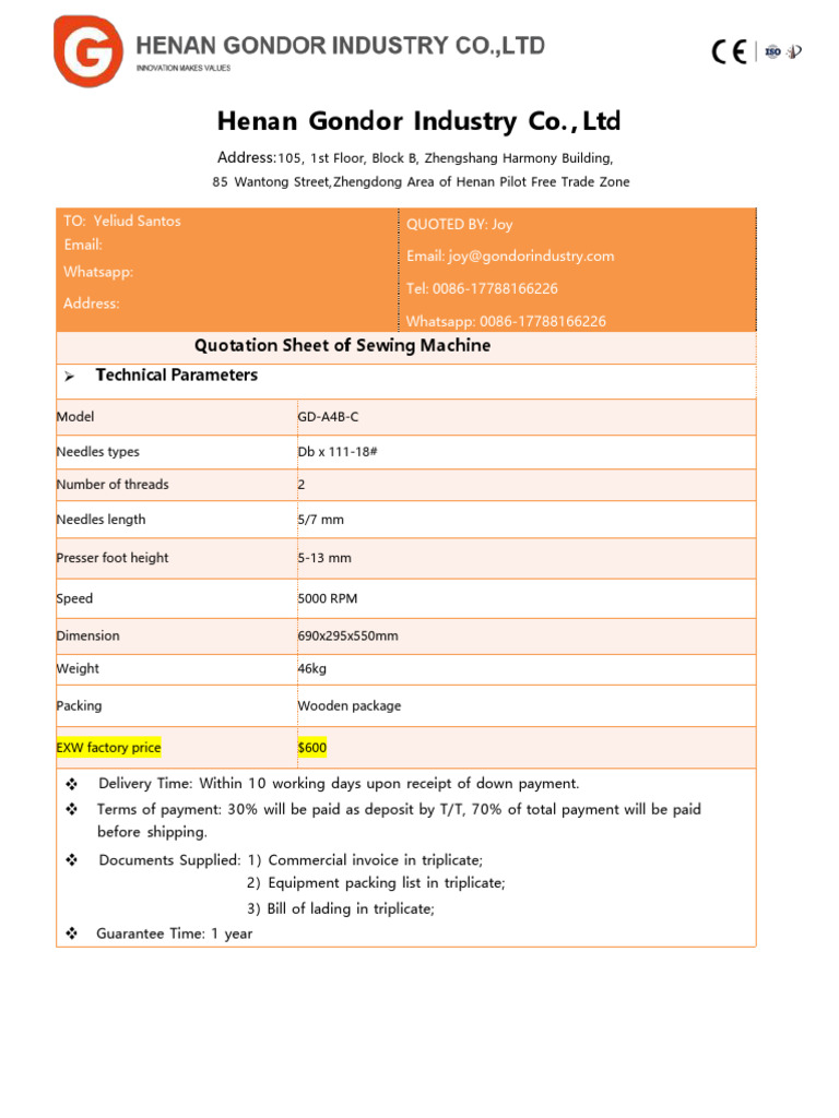 Quotation Sheet of Sewing Machine From Gondor Group | PDF