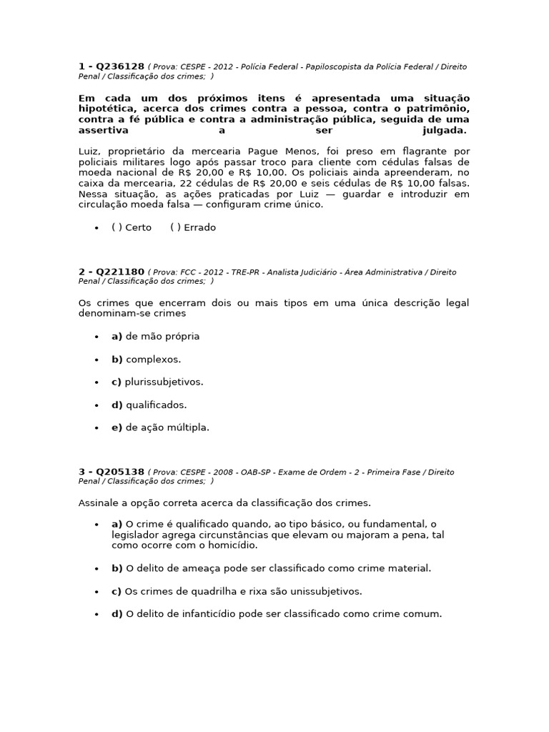 Classificação de Crimes no Direito Penal | PDF | Crimes | Crime e Violência