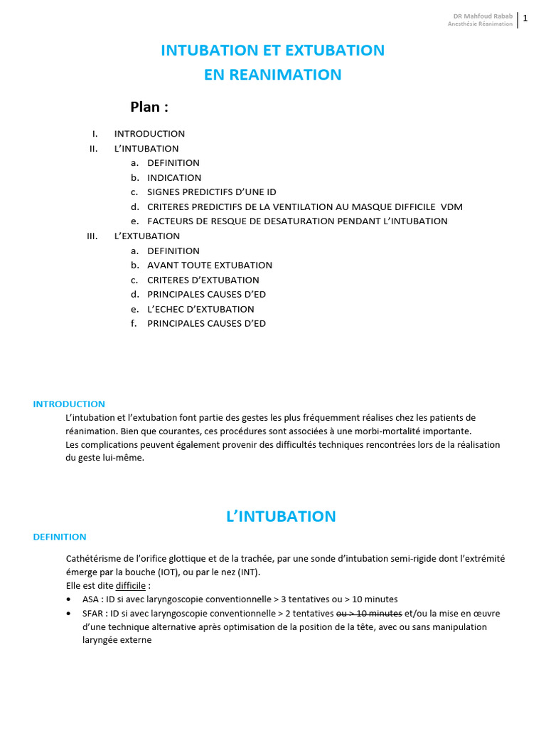 Intubation et Extubation en Réanimation | PDF | Maladies et troubles ...