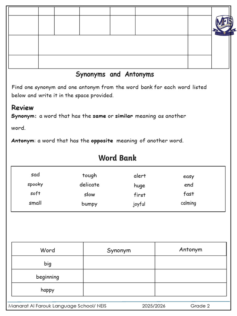 Grade 2 Synonyms and Antonyms Worksheet | PDF