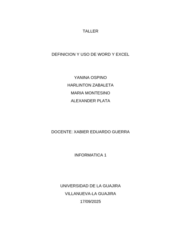 Taller de Informatica Sobre Wor y Excel | PDF | Microsoft Excel ...