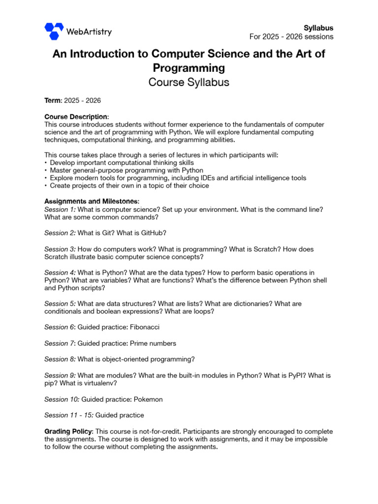Intro to Computer Science Syllabus 2025-2026 | PDF