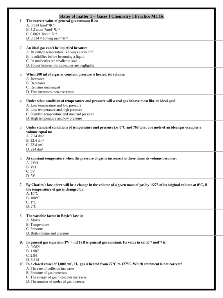 States of Matter 1 - Practice MCQs - 20 | PDF | Gases | Temperature