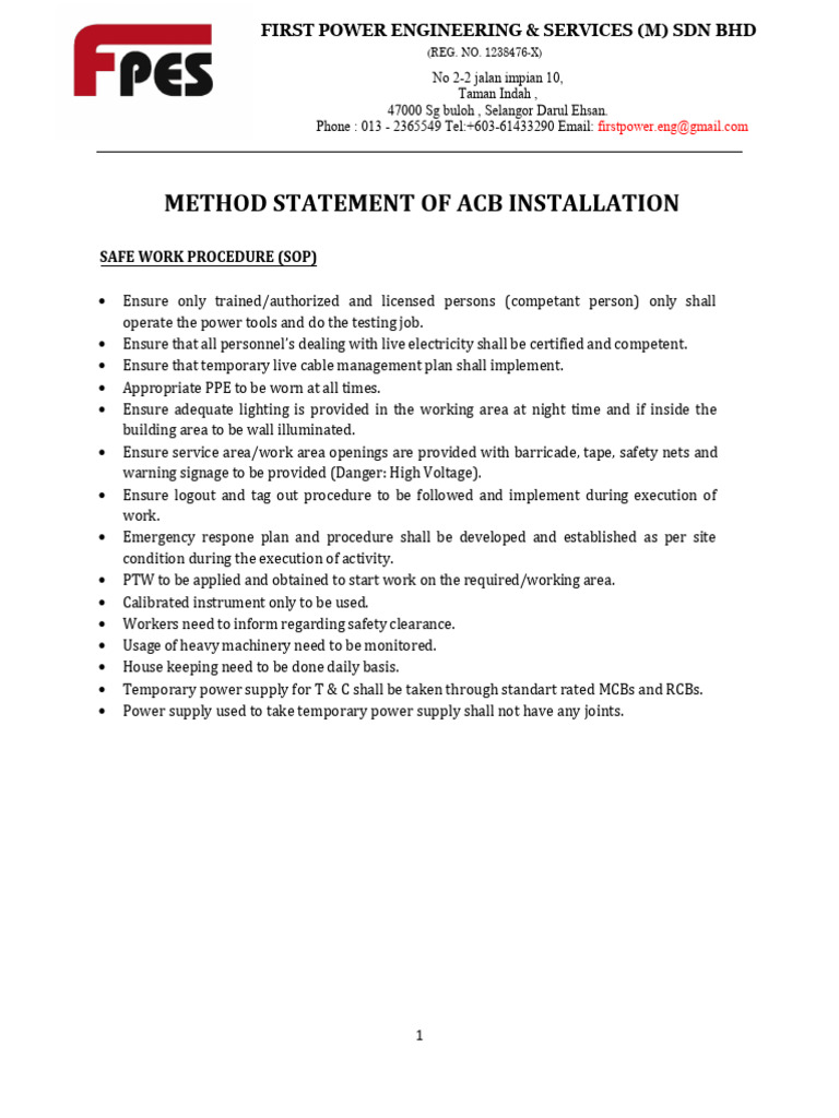 Work Method Statement | PDF | Power Supply | Safety