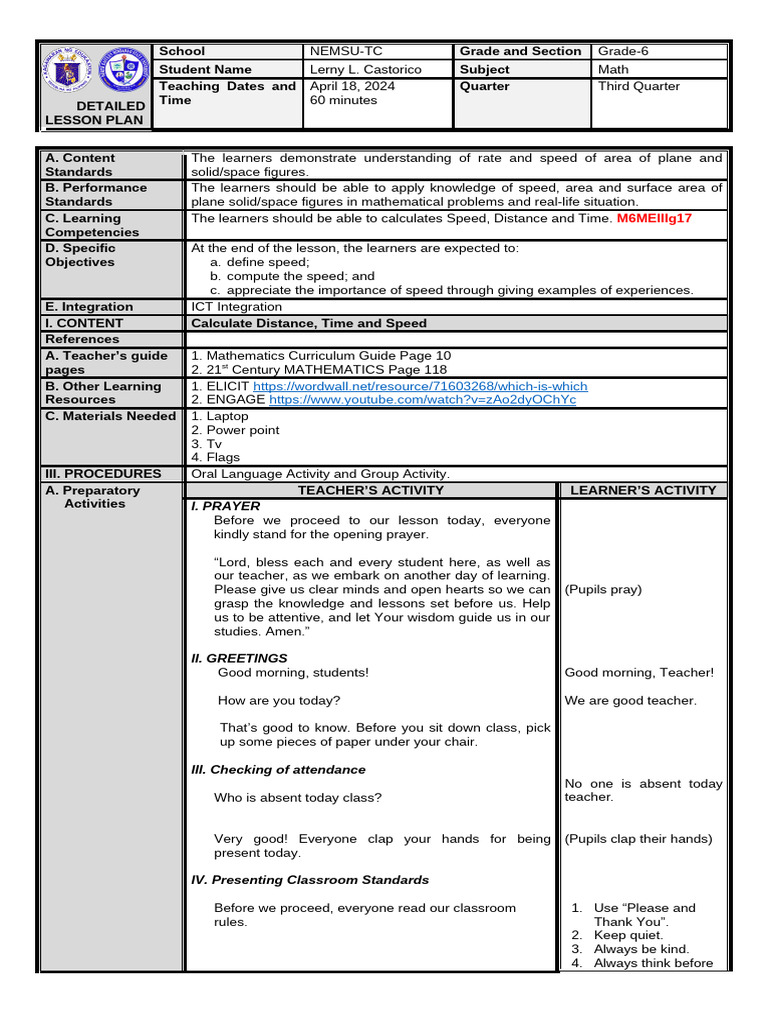 Grade 6 Math Lesson Plan: Speed & Distance | PDF | Learning | Mathematics