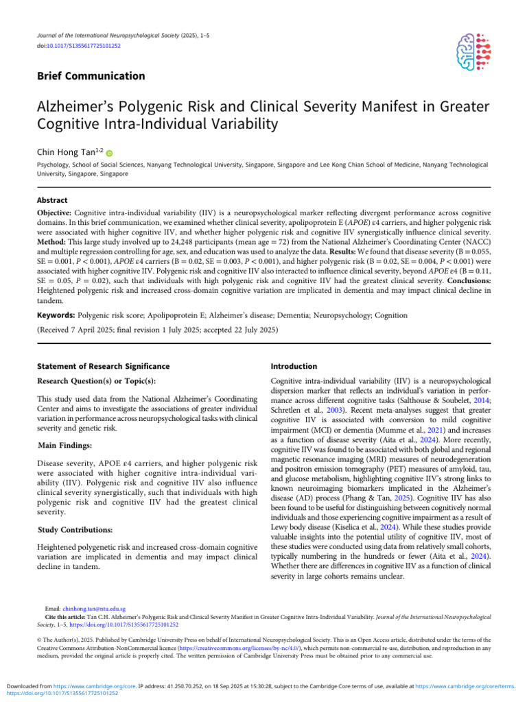Alzheimer's Risk and Cognitive Variability | PDF | Alzheimer's Disease ...