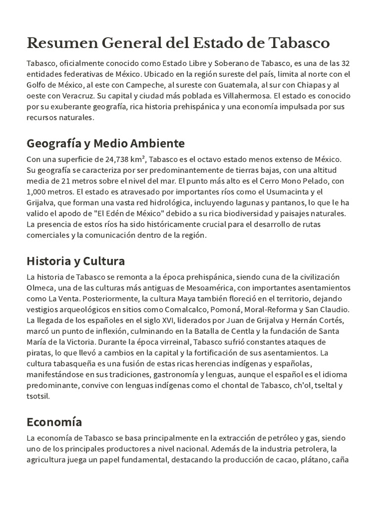 Resumen del Estado de Tabasco | PDF | Economias
