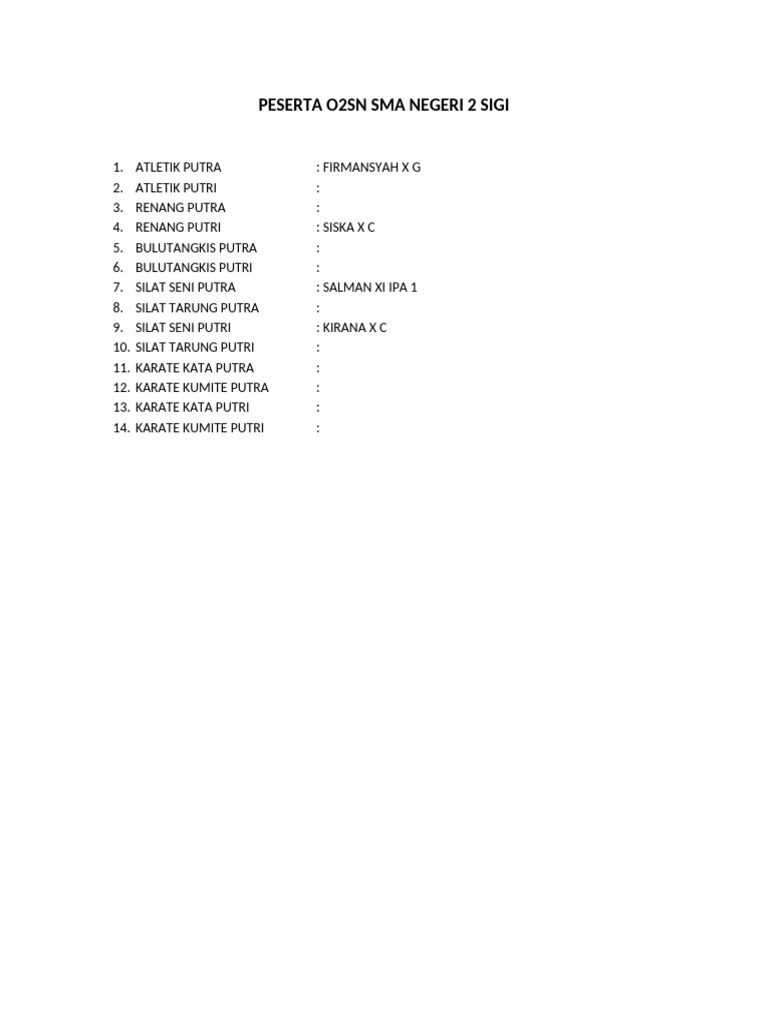 Peserta o2sn Sma Negeri 2 Sigi | PDF