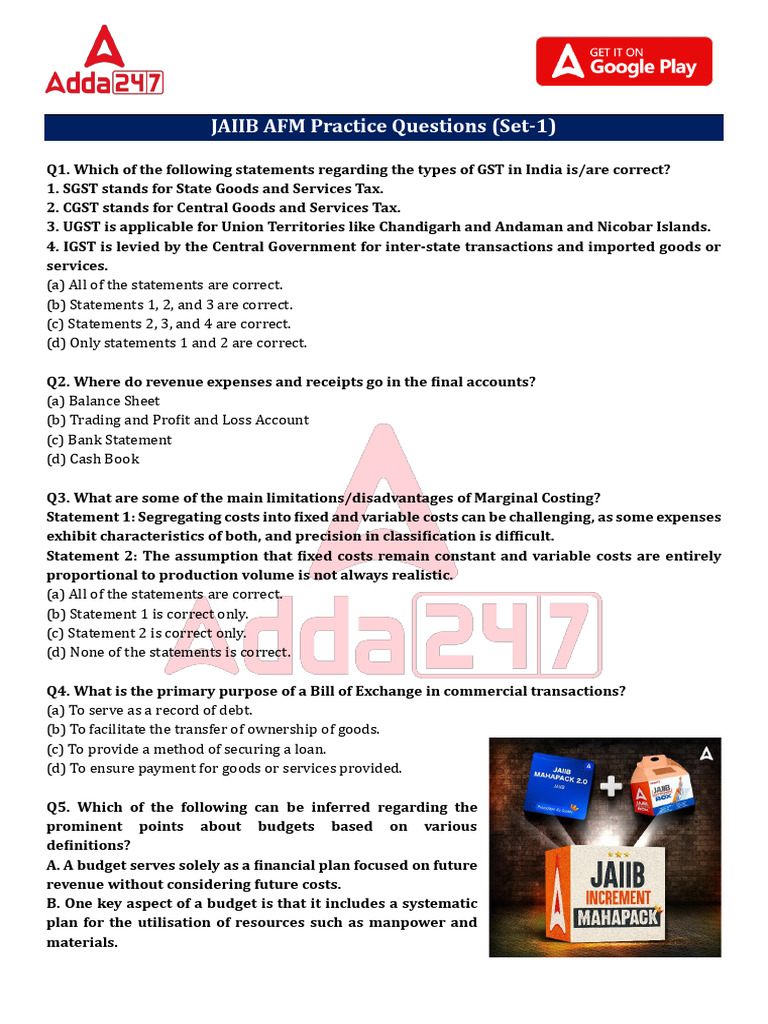 JAIIB AFM Practice Questions Set-1 | PDF | Expense | Debits And Credits
