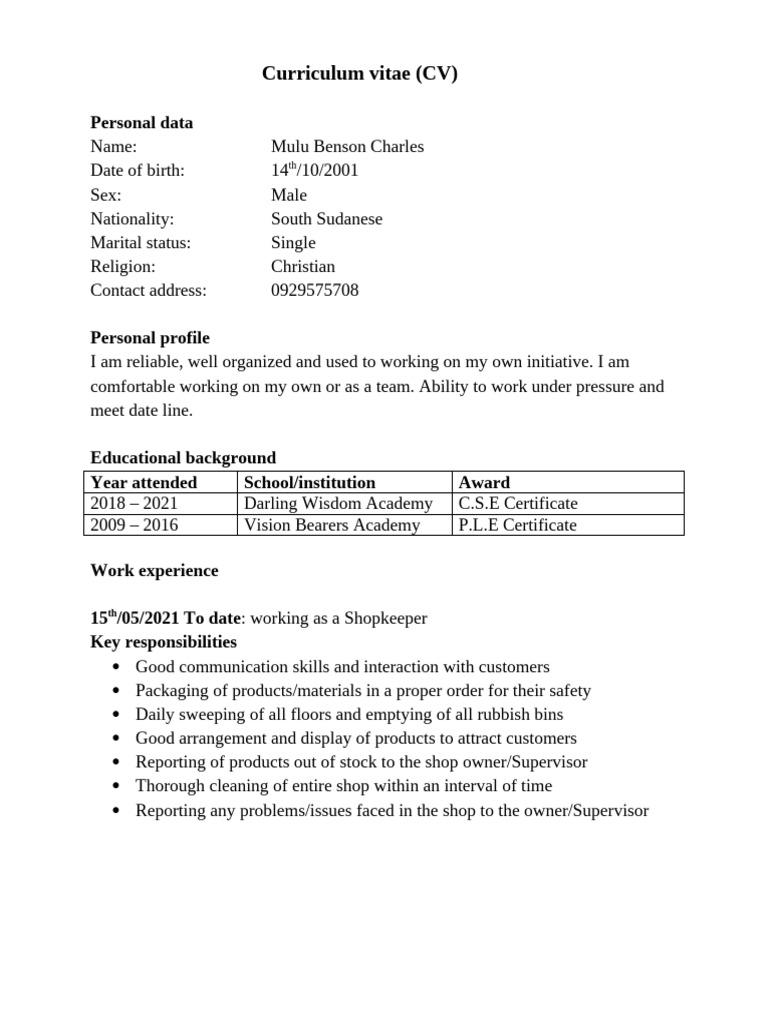 Mulu Benson Charles CV and Profile | PDF
