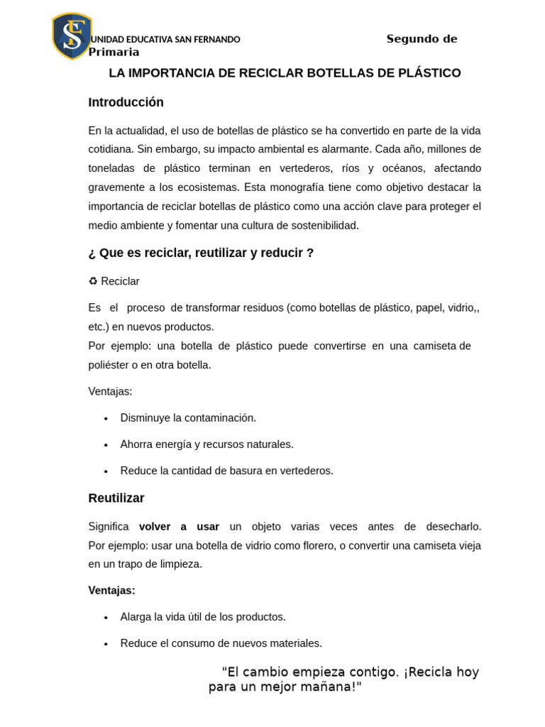 Importancia de reciclar botellas plásticas | PDF | Residuos | El plastico